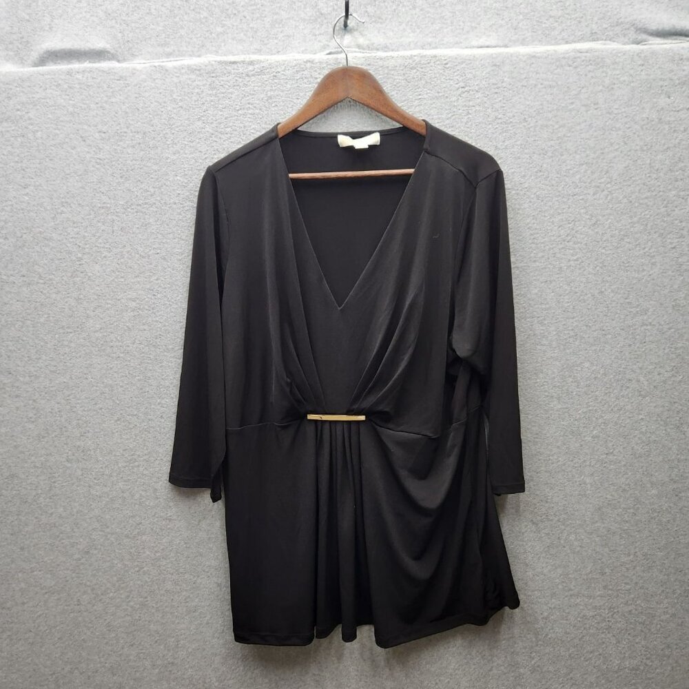 Michael Kors Black 3/4 Sleeve Top With Gold Detail & V-Neckline‎